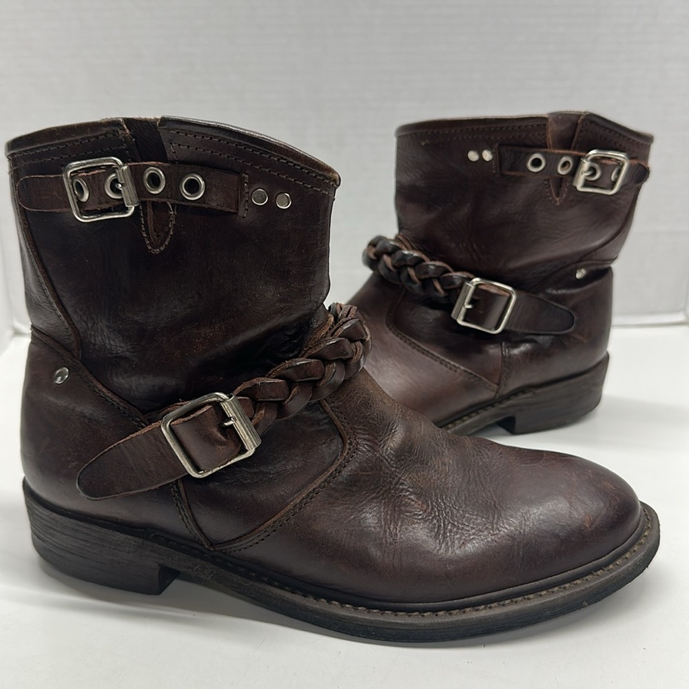 Golden Goose Biker Low Buckle Western Boot Leather Braided Brown Size 39 38 READ